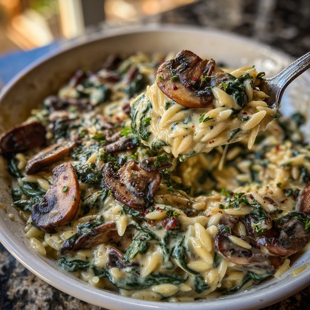 Romantic Creamy Spinach Mushroom Orzo